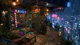 炫彩未来雨夜城市小屋