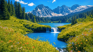 高山湖畔流水
