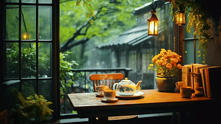 木屋窗边雨景