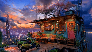雨天傍晚未来城市小屋