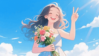比耶的捧花少女插画