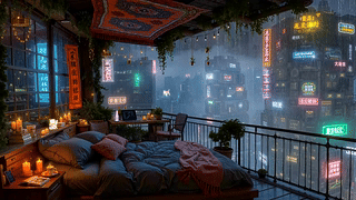 赛博雨夜卧室