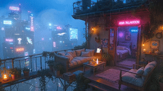 雨夜未来城市小屋