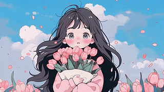 手捧郁金香的女孩