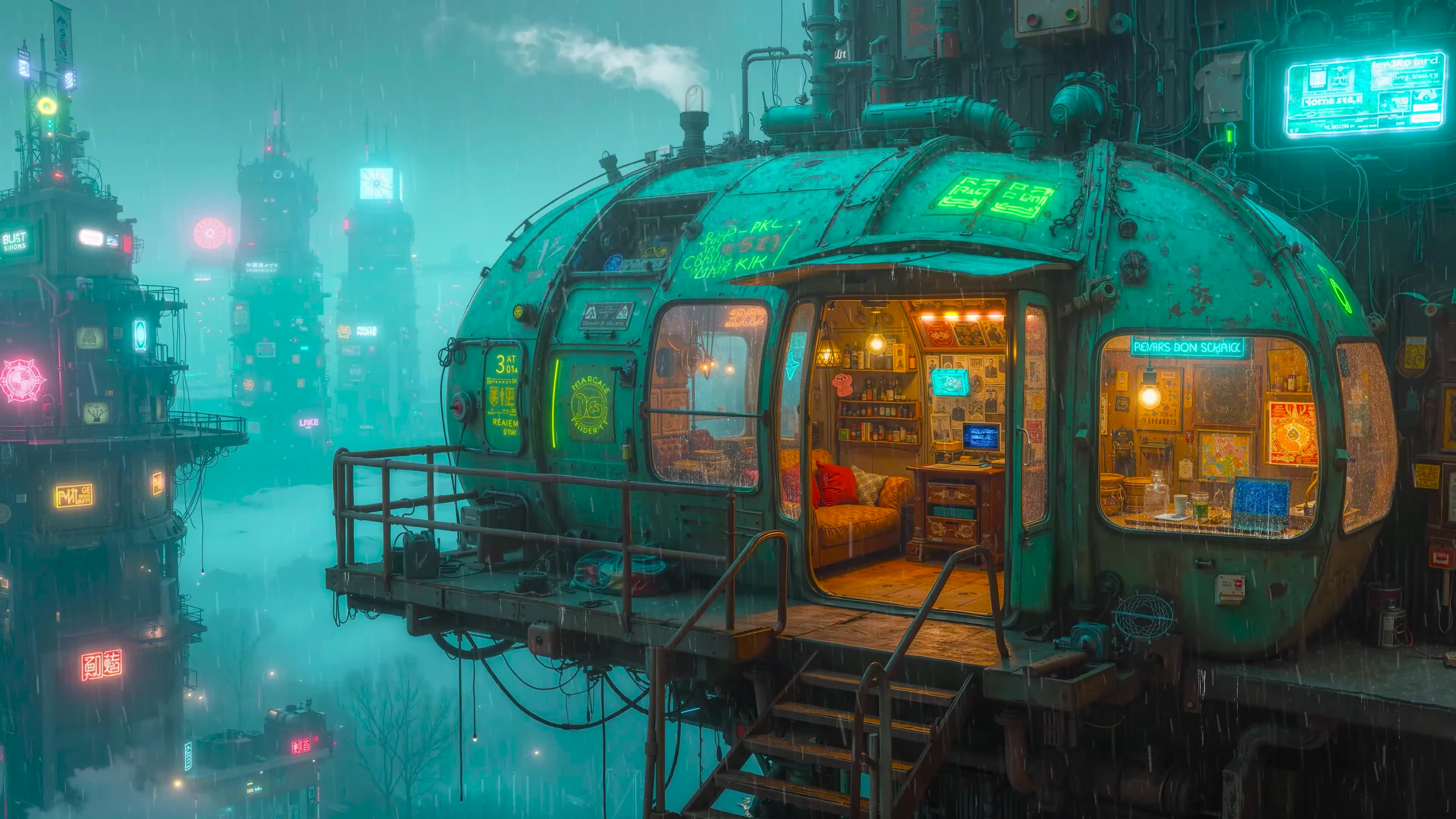 未来科幻雨夜阁楼