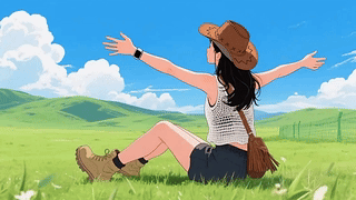 草原上张开双臂的少女