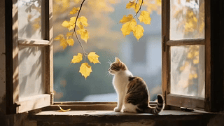 窗边的猫咪和秋叶