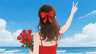海边捧花比耶的少女