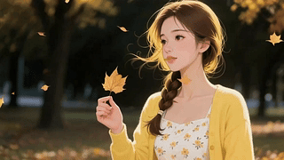 秋叶飘落少女插画