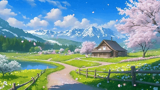 唯美的樱花飘落小屋风景