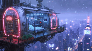雨夜未来城市小屋
