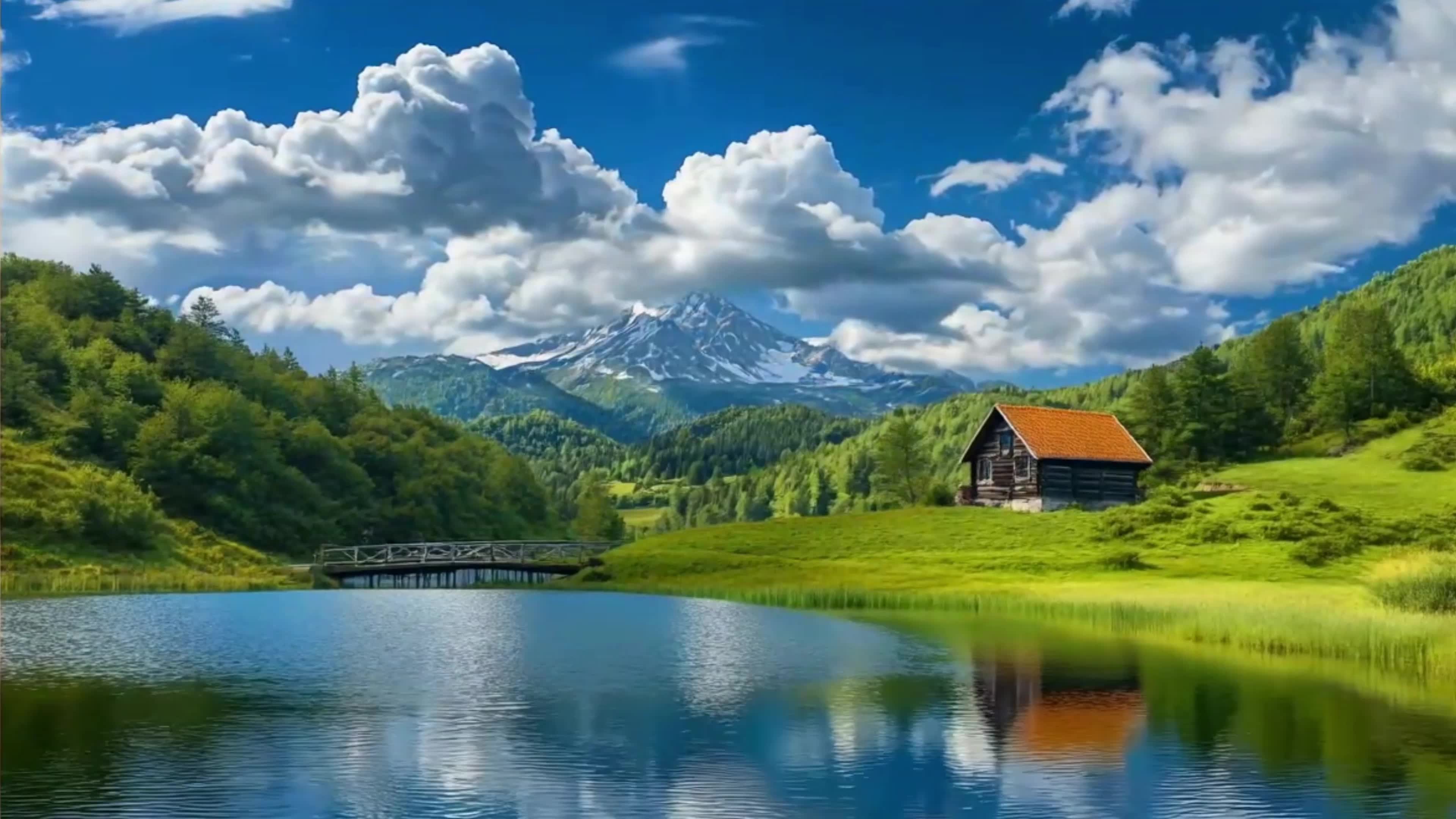 唯美的山水自然小屋风景