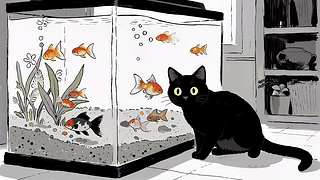 好奇黑猫鱼缸