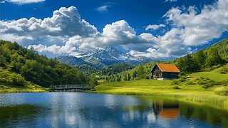 唯美的山水自然小屋风景