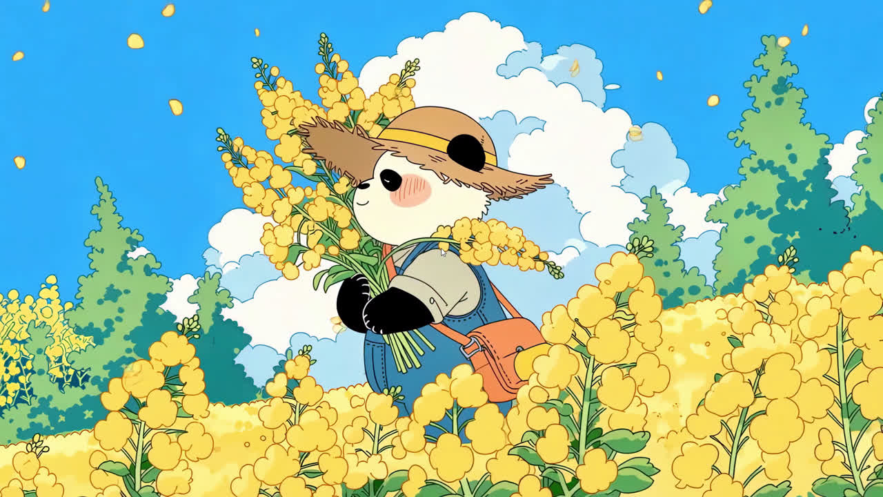 油菜花海里的可爱熊猫农夫