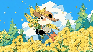 油菜花海里的可爱熊猫农夫