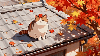 屋顶枫树下的猫咪