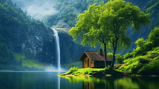 山川流水小屋美丽风景