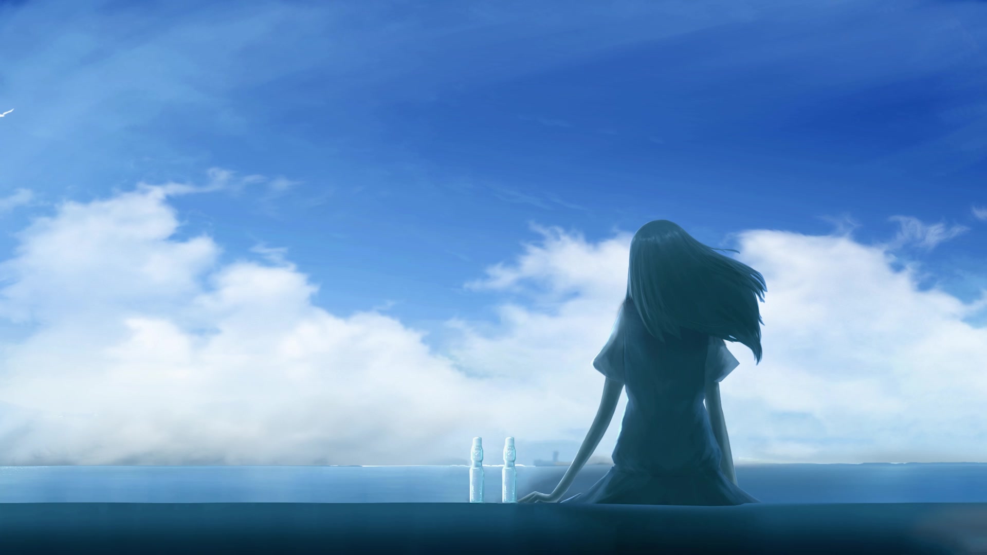 蓝天白云少女背影