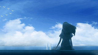 蓝天白云少女背影