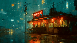 未来雨夜街边小店