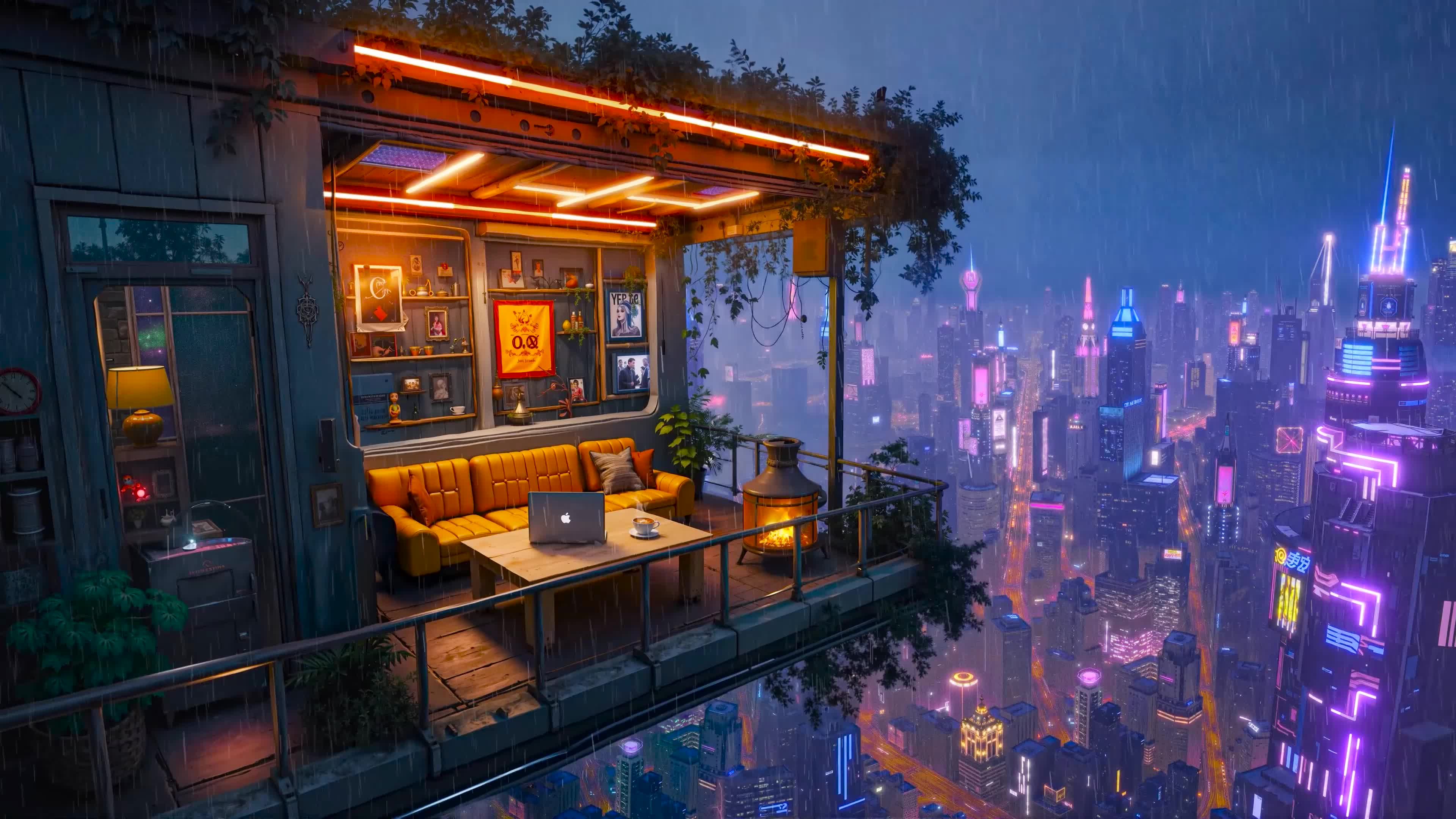 未来雨夜城市小屋