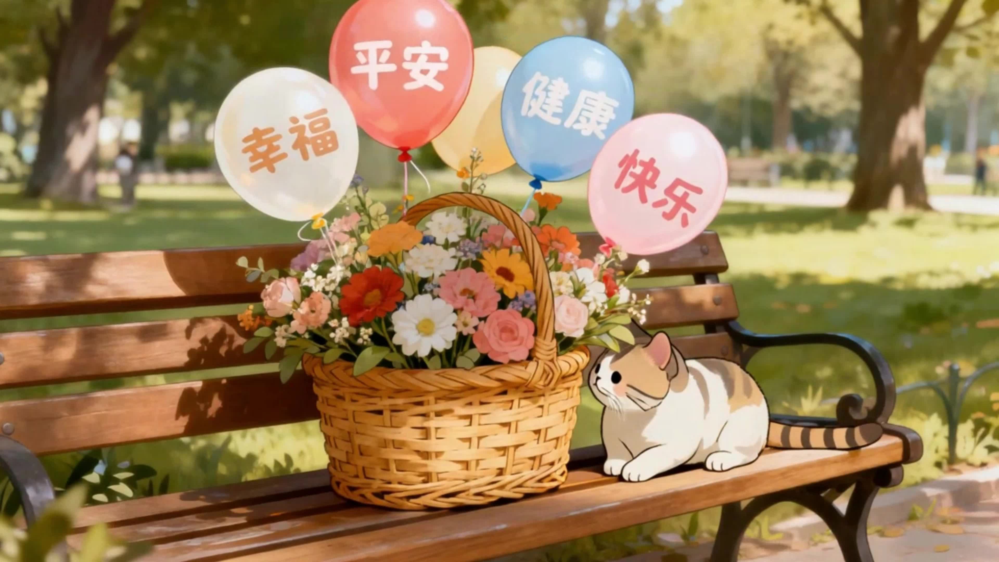 长椅上的猫咪气球