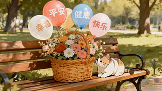 长椅上的猫咪气球