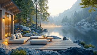 清晨山水湖畔小屋