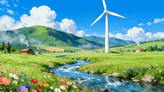 山川流水小屋风车风景插画