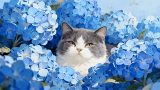 绣球花丛中的猫咪