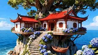 蓝天白云树木海景