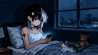 像素风插画玩手机的少女