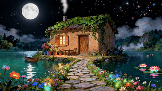 月色湖心小屋