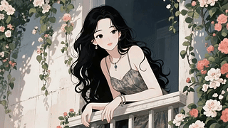 阳台边的少女和花花