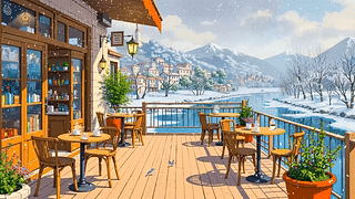 冬雪河边村庄小屋