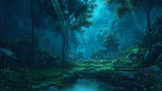 森林夜晚溪流小屋