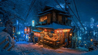 冬雪酒馆夜景