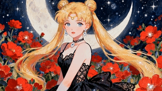 月空下红花美少女插画