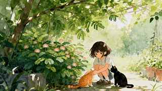 绿荫下女孩和猫咪