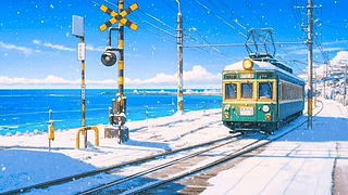 冬雪海边电车