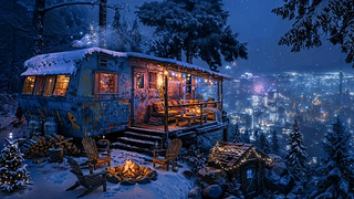 冬雪霓虹城市夜晚山顶小屋