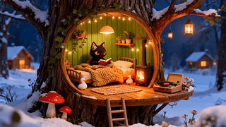 温馨冬雪小猫树屋