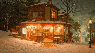 夜晚冬雪街边小店