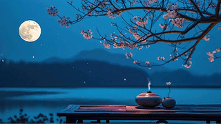 国风月夜湖泊