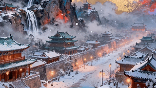 雪景树木古风城楼
