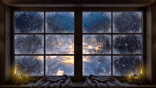 窗外冬雪村庄