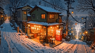 冬雪夜晚街角店铺