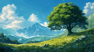 护眼蓝天白云树木草地绿景