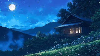 夜景星空树木房屋绿景